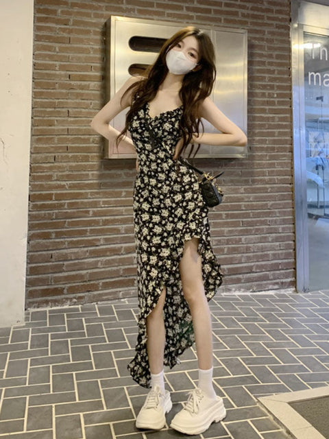 فستان نسائي بدون أكمام بفتحة جانبية مزهّرة فستان الشمس Bodycon ريترو غير منتظم فتاة المراعي حلو مثير ريترو هاراجوكو تصميم رائع 