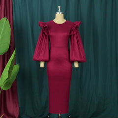 Women Bodycon Dress Long Lantern Sleeve Ruffles Patchwork O Neck Midi Birthday Wedding Party Outfits Large Size New Female Gowns