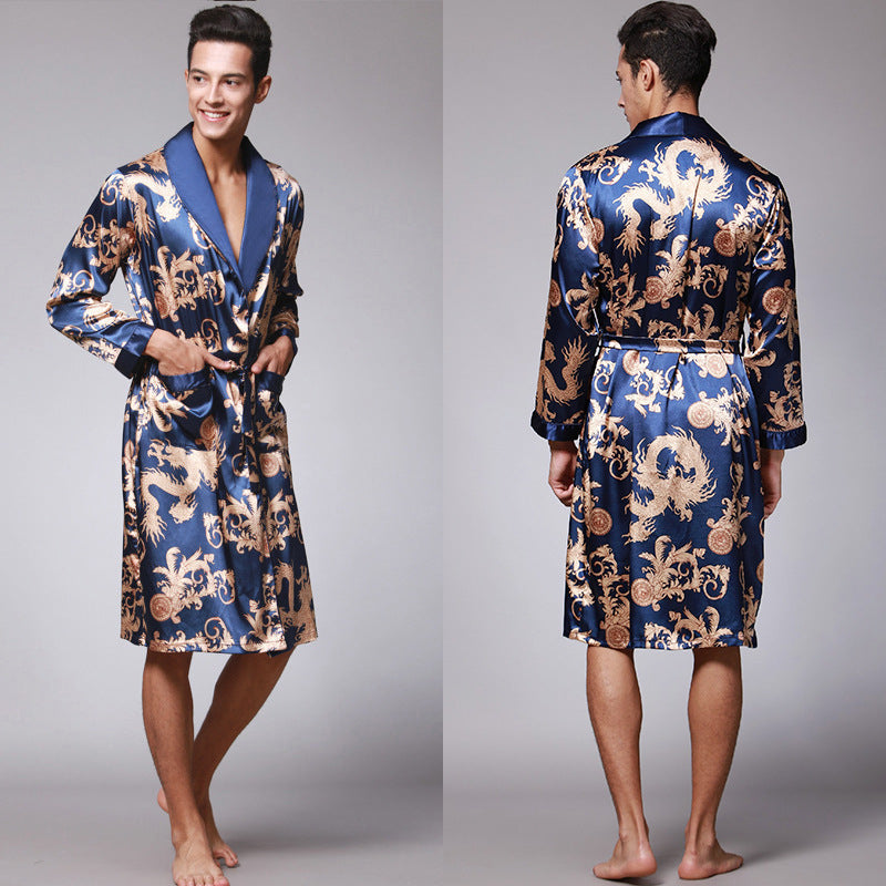 New ice silk men's long-sleeved nightgown bathrobe home clothes
