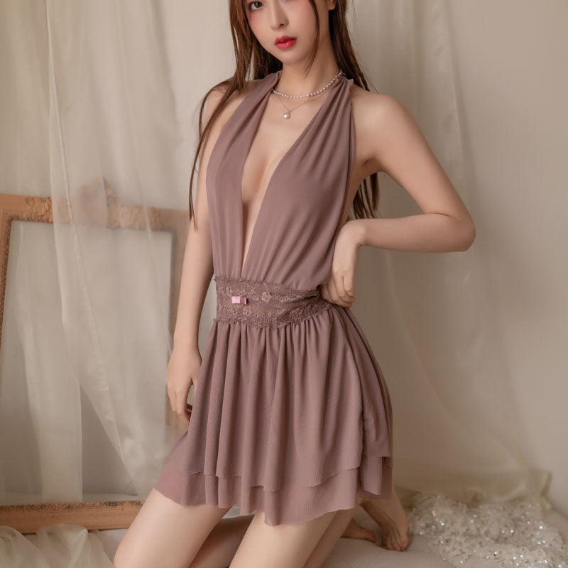 Ladies nightdress halter neck deep v home short skirt solid color female underwear