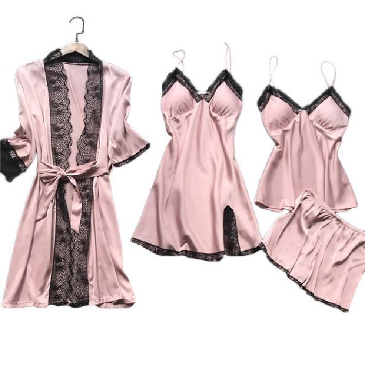 4PC Silk Robe Sleep Suit Womens Lace Satin Pajamas Gown Set V Neck Cami Nighties Wear Pijama Home Nightwear Spring Nightdress