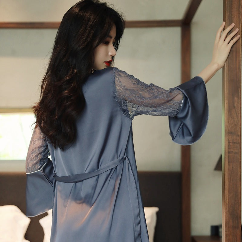 ملابس أنثوية صيفية من الحرير الجليدي قسم رفيع 2021 دانتيل جديد قابل للذوبان في الماء وحزام على شكل زهرة ووسادة صدر فستان نوم بحمالات خلفية جميلة