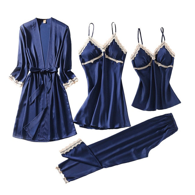 4pc  Silk Robe Sleep Suit Women'S Lace Chiffon Satin Pajamas Gown Set V-Neck Night Wear Pajama Home Nightwear Nightdress
