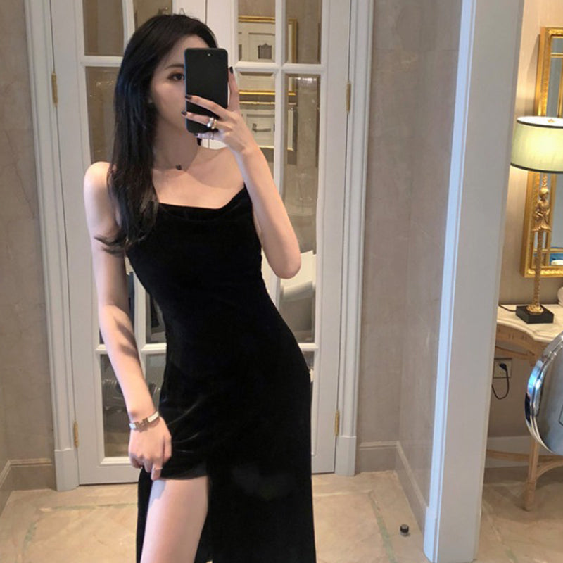 Vintage Dresses For Women Spaghetti Tape Seamed Velvet Black Dress Sexy Bodycon Bandage Dress Midi Party Dress Summer 2023