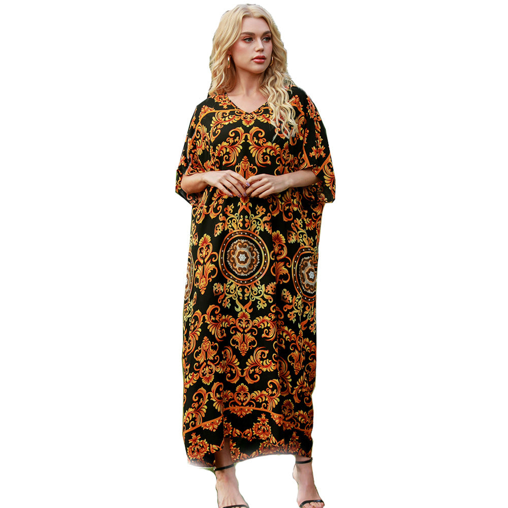 Women Summer Boho Maxi Dress Plus size dress Beach holiday print dress Loose robe Party Long Dress casual Female Robes fashion oversize dress robe