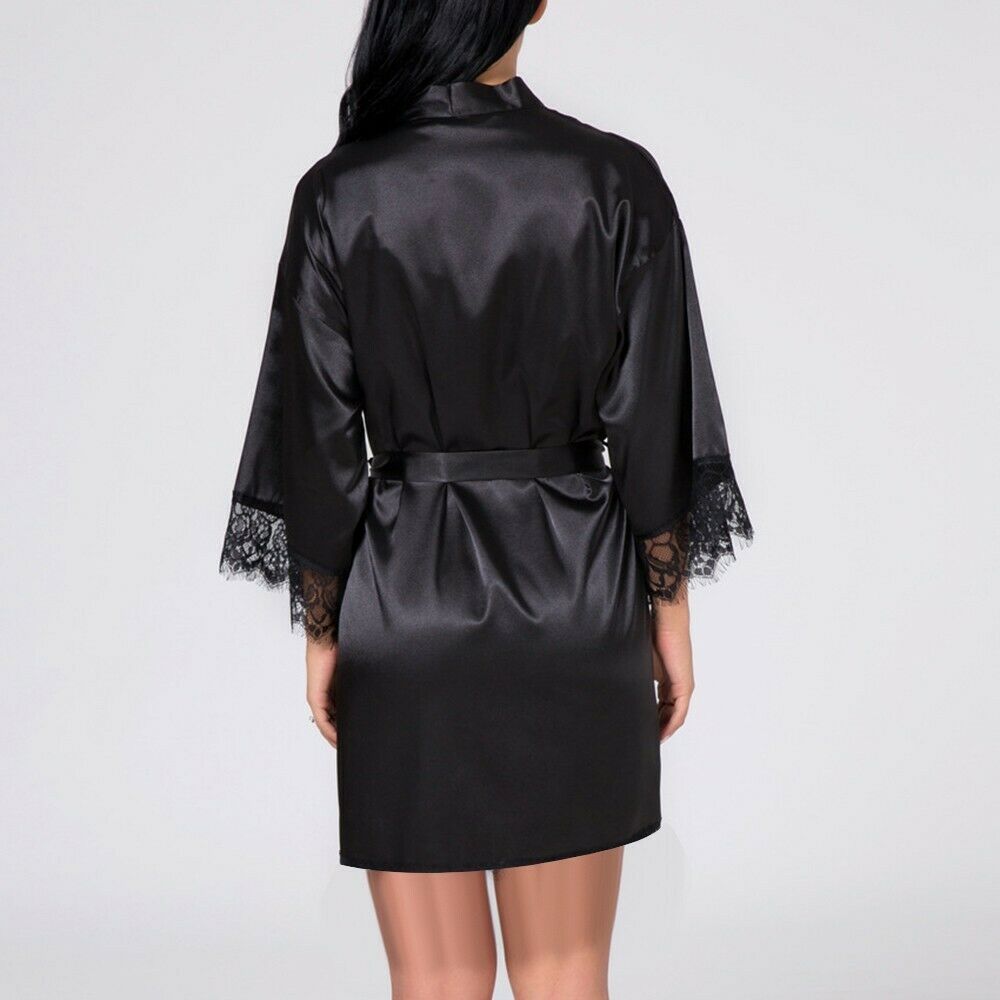 Ladies Fashion Simulation Silk Lace Patchwork Bathrobe