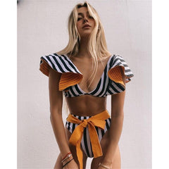 New split swimsuit women's cross-border bikini striped heavy industry pressure line high waist bikini