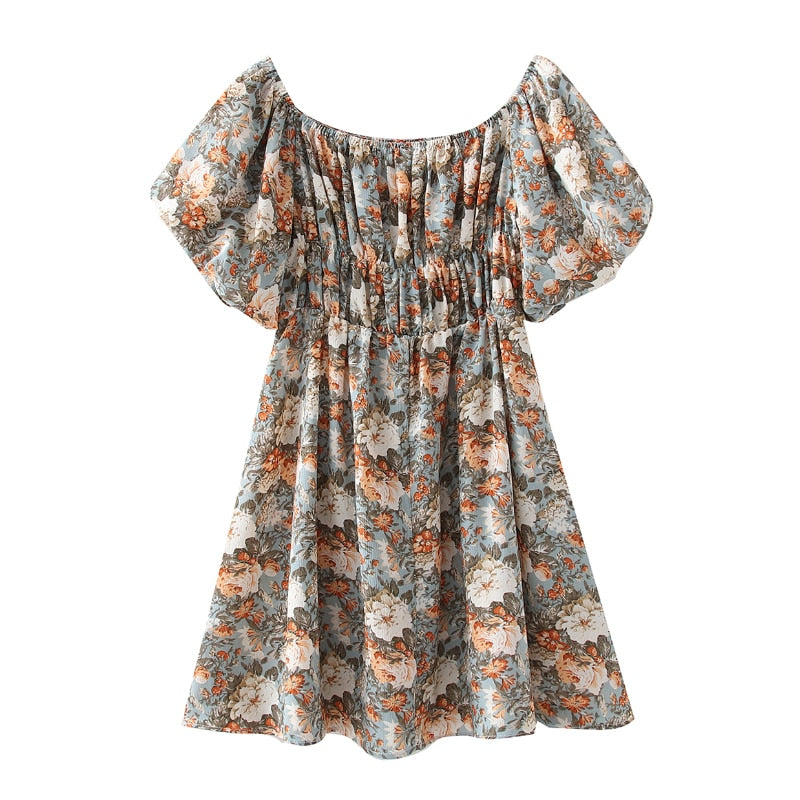 فستان بوهو ستايل قصير مطبوع عليه زهور على شكل فراشة وأكمام قصيرة ورقبة مائلة، فستان نسائي أنيق على شكل حرف A بخصر مطاطي 