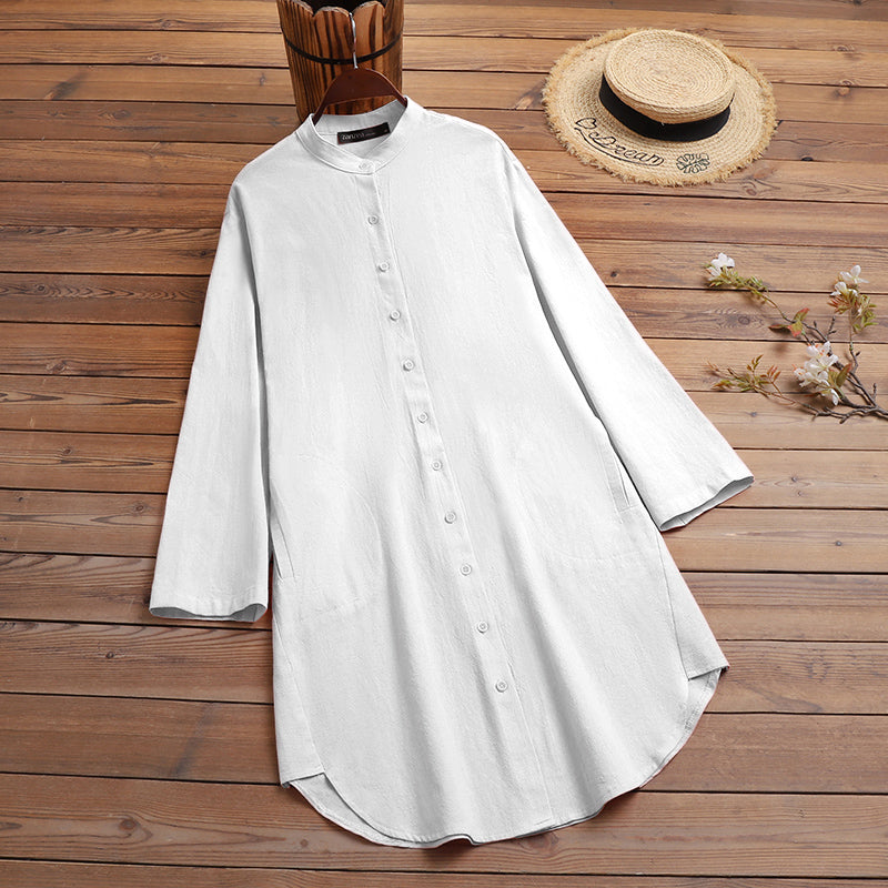 Women Solid Long Tops White Lapel Blusas Fashion Cotton Linen Blouse OL Tunic ZANZEA Casual Baggy Shirts
