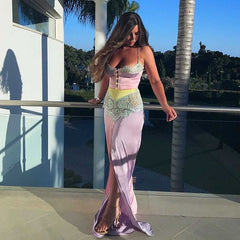 Tinastyle Chains Strap Sexy Satin Dress Women Short Lace Patchwork Bodycon Mini Party Dress Vestidos Y2K Nightclub Streetwear