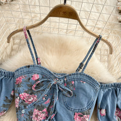 Denim fashion suit female hot girl chic suspender top two-piece  waist irregular slit skirt summer