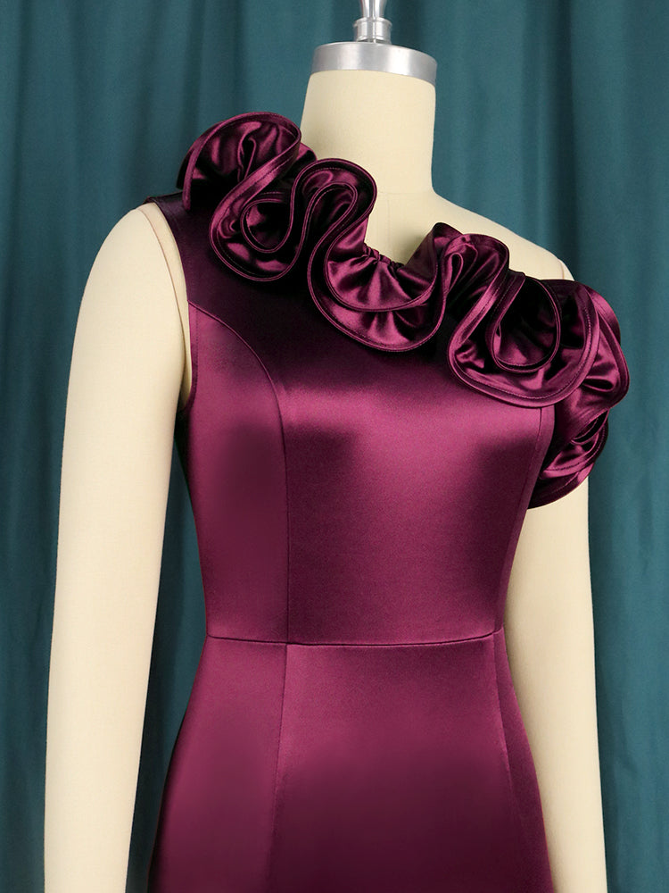 Vintage Women Burgundy Bodycon Dress Elegant Bare Shoulder Ruffled Elastic Satin Silky Dress Formal Party Birthday Evening Wear