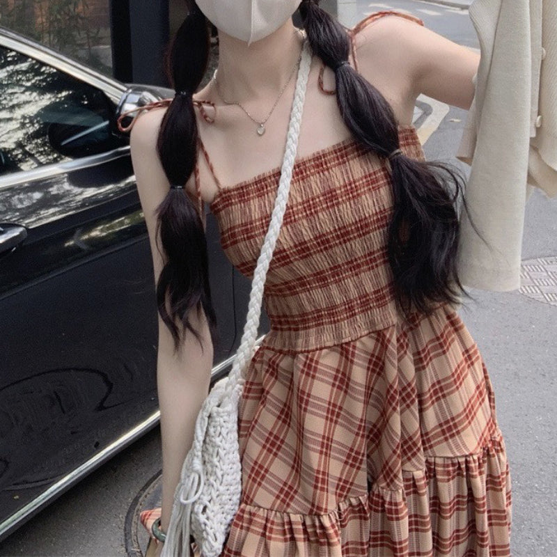 Plaid Millennium Bug Long Daily Chic Sundress Beach Body Slim Pullover Design Fashion Summer Dress Women 2023 Korean Style