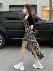Sleeveless Dress Women Floral Side-slit Sundress Bodycon Retro Irregular Prairie Girlish Sweet Sexy Retro Harajuku Design Cool