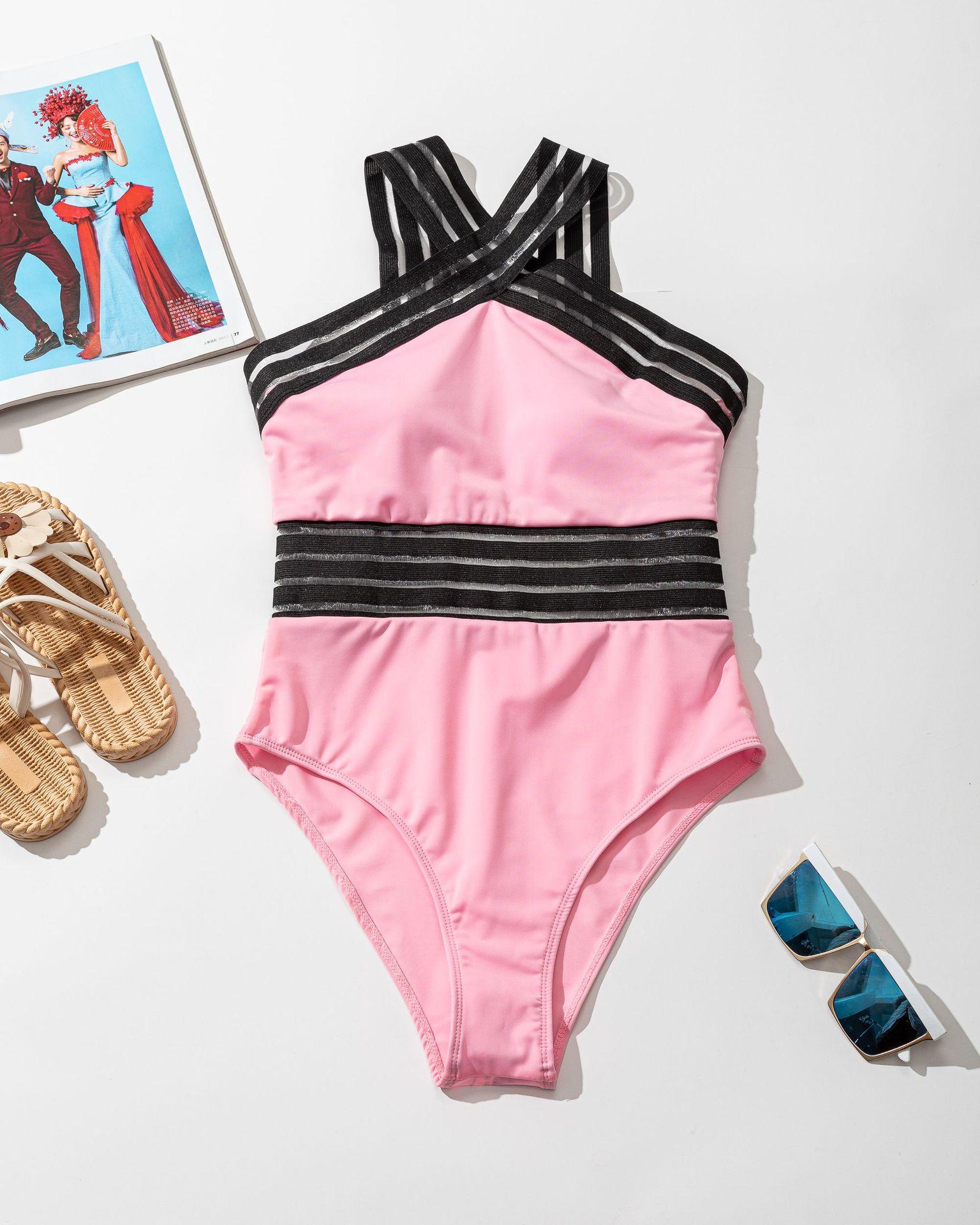 New European and American fashion cross halter neck halter one piece swimsuit