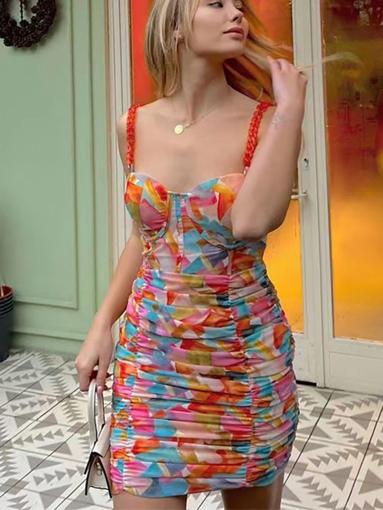 Sanches Fashion Print Sexy Summer Dress Women's Spaghetti Suspenders Bodycon Mini Club Dress Casual Y2K Streetwear Tank Top