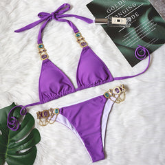 Explosive new swimsuit, purple crystal diamond chain female split swimsuit, plain strappy European and American bikini