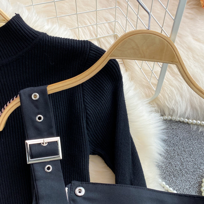 Autumn black stand-up collar tight  bottoming shirt two-piece suit  waisted splicing  fringe suspender dress