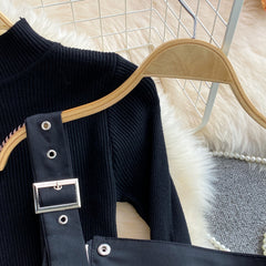 Autumn black stand-up collar tight  bottoming shirt two-piece suit  waisted splicing  fringe suspender dress