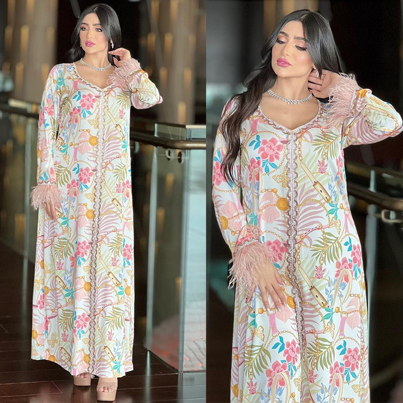 Middle East Fashion Print Dress Arabian Hot Diamonds Traditional Muslim Ladies Jalabiya Feather Decorated Elegant Long Dress Dubai Kuwait