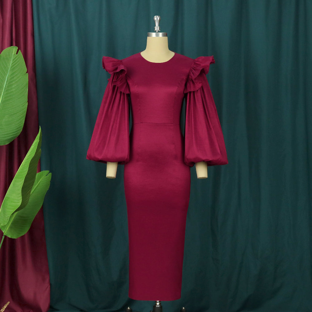 Women Bodycon Dress Long Lantern Sleeve Ruffles Patchwork O Neck Midi Birthday Wedding Party Outfits Large Size New Female Gowns