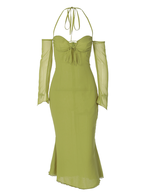 Elegant Strapless Bodycon Long Maxi Dress 2022 Women's Halter Long Sleeve Backless Party Club Dress Casual Tie Dress