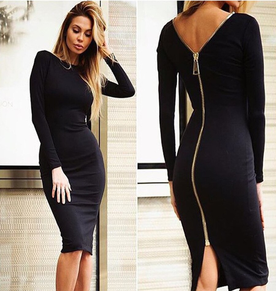 Sexy back zip long sleeve knee-length  Dress Women black Backless Bodycon Dress Elegant Split Party Dress 2022