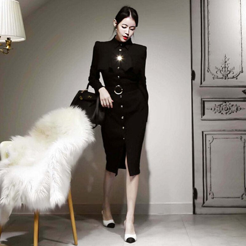 Fashion Women Vintage Single Breasted Ruffle Midi Party Dress Elegant Temperament Belt Black Skinny Bodycon Female Pencil Dress