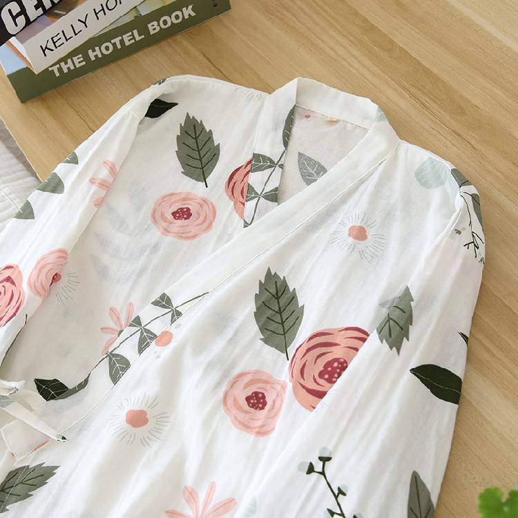 Japanese kimono night gown ladies spring and summer bathrobe women's 100% cotton tether nightdress elegant flowers home service