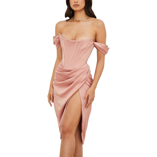 Women's Sexy Off Shoulder Split Corset Satin Dress Strapless Ruched Bodycon Midi Dress Nightclub Wedding Cocktail Party Wear