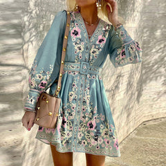V-neck loose printed boho dress