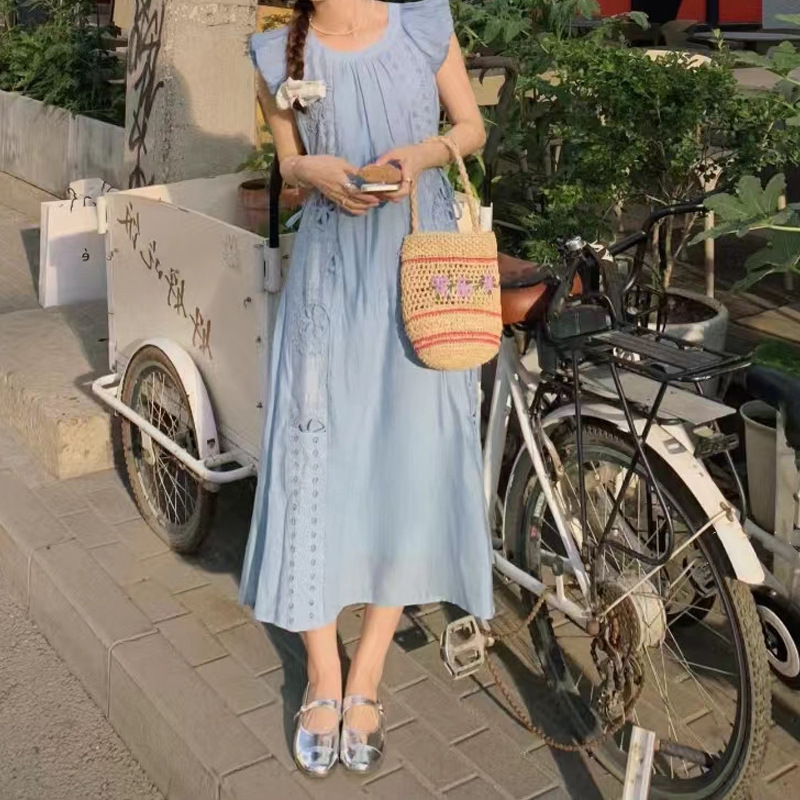 Summer New Ladies Tencel  Small Flying Sleeves French Waist Dopamine Blue Designer Dress