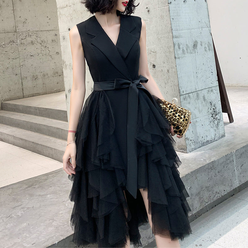 Ladies Sleeveless Short V-neck Fashion Party Evening Dress