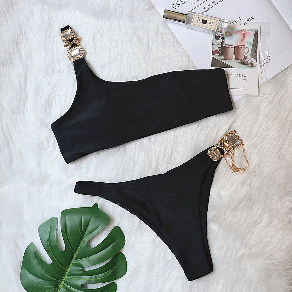 New Swimsuit Crystal Chain Female Split Swimsuit Plain One Shoulder Sexy Bikini