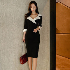 Women New Notched Neck Black Sheath Pencil Dress Fashion Slim Sexy OL Work Bodycon Dresses Office Business