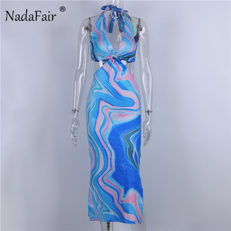 Tie Dye Summer Dress Women Waist Cut Out Backless Halter Robe 2021 Festival Clubwear Bodycon Sexy Party Maxi Dresses