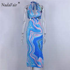 Tie Dye Summer Dress Women Waist Cut Out Backless Halter Robe 2021 Festival Clubwear Bodycon Sexy Party Maxi Dresses