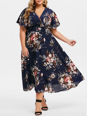 فستان ماكسي مزين بالزهور مقاس كبير للنساء صيفي بوهو للشاطئ ورقبة على شكل حرف V فستان ماكسي كبير غير رسمي 