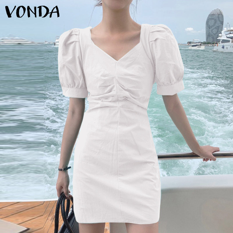 VONDA Elegant Dresses For Women 2022 Solid V Neck Short Puff Sleeve Ruched Pleated Bodycon Dress Bohemian Party Casual Summer Plus Size Short Dresses