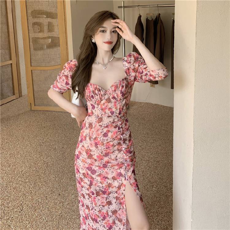 فستان للنساء 2021 فستان شيفون صيفي منقوش عليه زهور سبليت بوهو بيتش وردي فستان طويل مثير 3318 # 