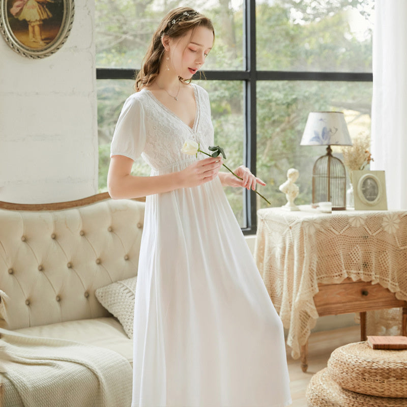 Long Sleeve Ladies Pajamas; Summer Cotton Palace V Neck Sweet Style  Plus Size Loungewear Long Pajamas