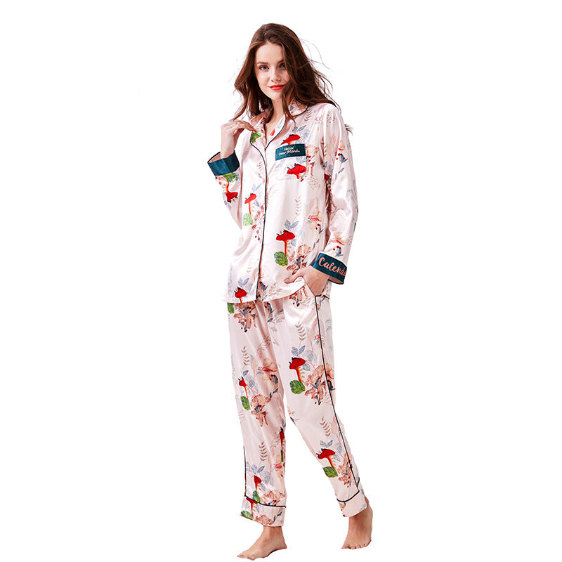 Spring and Autumn Silk Long Sleeve Pajamas Women Korean Casual Simulated Silk Pajamas Two-piece Set Thin Homewear Set