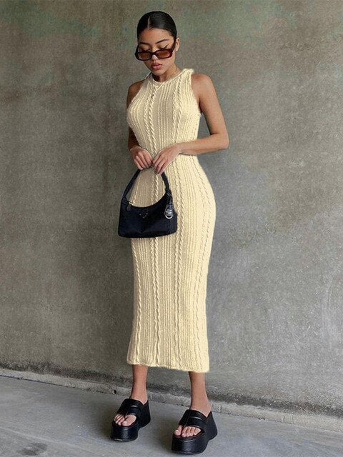 2022 بلا أكمام سترة ذات عنق دائرى Bodycon الكروشيه الصلبة فستان مثير الصيف النساء الشارع الشهير نادي الحفلات ملابس أنيقة Y2K 