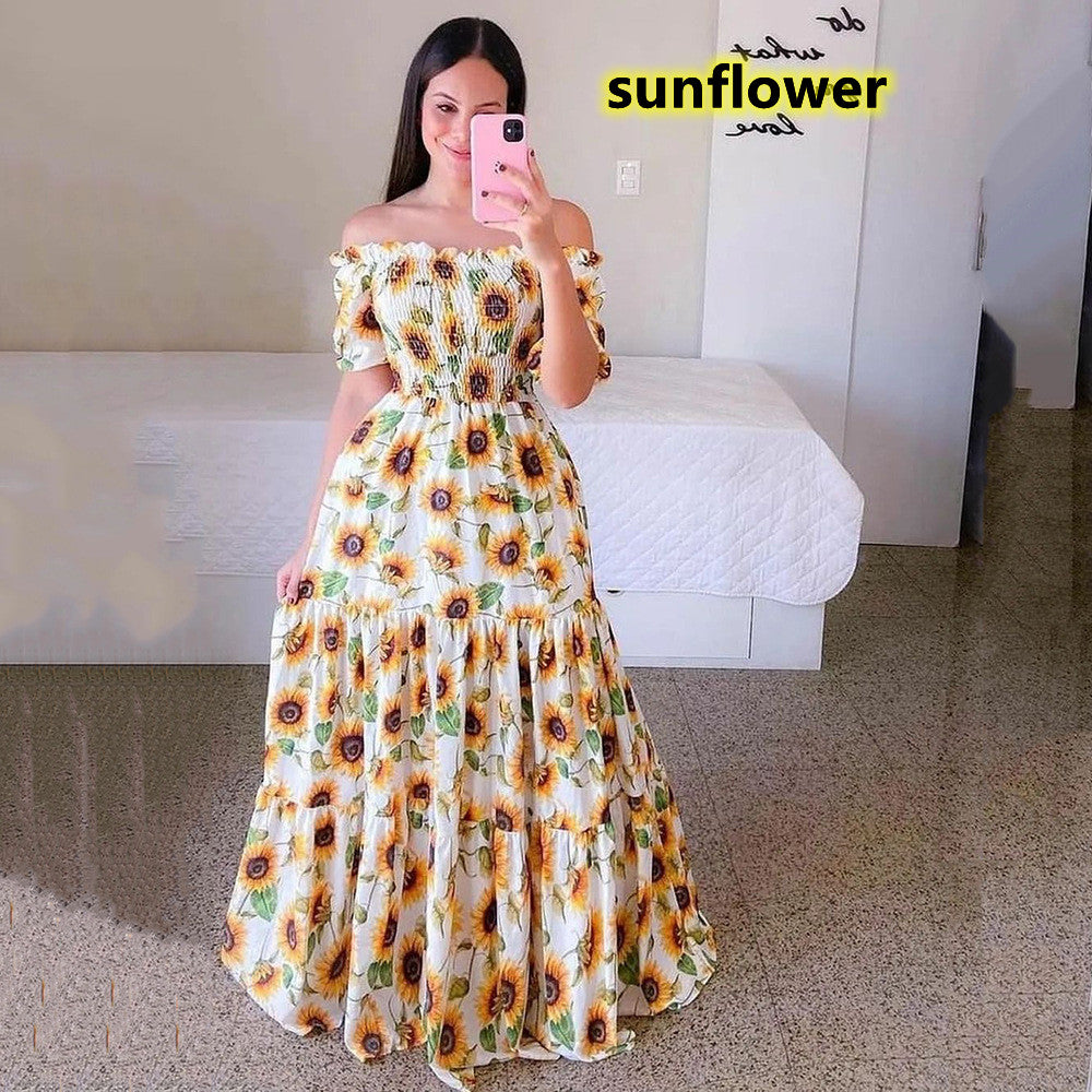 Women's Fashion Off Shoulder Dress Floral Print Long Dress Maxi Dresses Big  Dress Rochii Elegante Kleider Damen Elegant