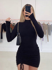 Long Sleeve Pleated Bodycon Dress Women's High Neck Tie Mini Dress Fall Black Skinny Stretch Party Tank Top