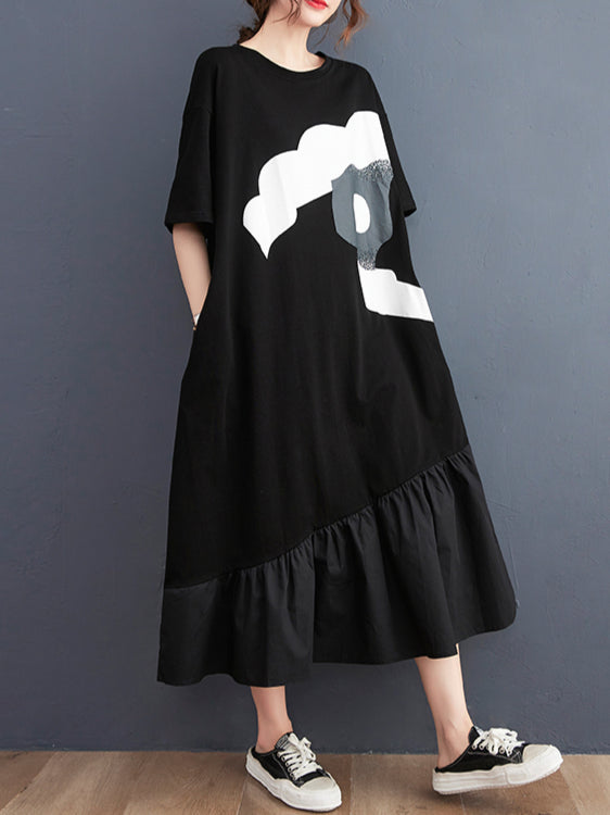 Women's European and American style summer new large size loose t-shirt women's mid-length straight slim ruffled irregular printed dress