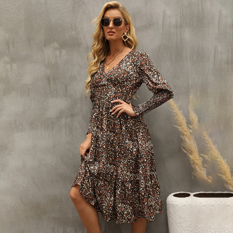 فساتين نسائية بوهو ستايل مطبوعة بالورود متوسطة الطول أنيقة بياقة على شكل V وأكمام طويلة فساتين على شكل حرف A للسيدات بخصر مطاطي Mujer 