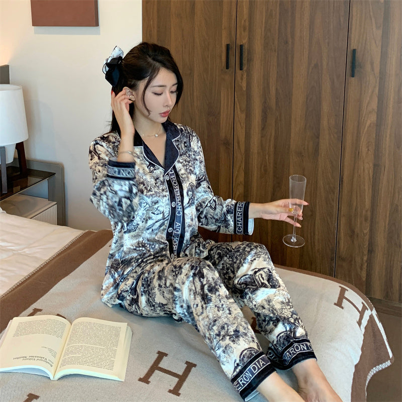 New cardigan gold diamond velvet pajamas women's spring and autumn  end fashion casual two-piece diamond velvet home service