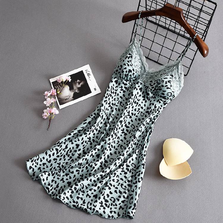 Lisacmvpnel Leopard Pattern Suspender Nightdress Women's Summer  Thin Silk With Bra Lace Nightgown