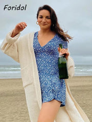Foridol الأزرق زهرة طباعة الصيف فستان الشاطئ المرأة عطلة عادية فستان قصير الأكمام بوهو فستان الشمس تانك توب ملابس عصرية
